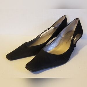 Vtg 90s Anne Klein Black Satin Kitten Heels Sude Cutout w Rhinestone Accent 7.5M